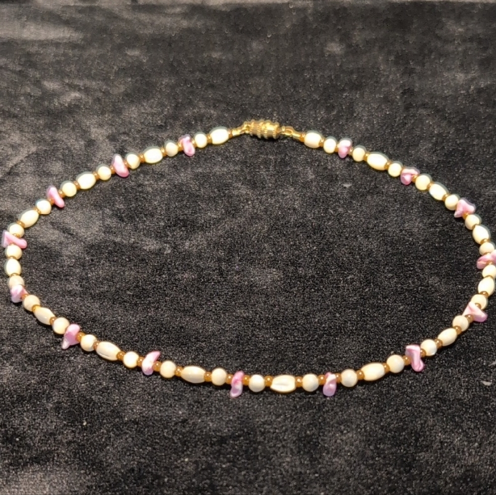 Elegant Pearl and Pink Beaded Handmade Masonite Necklace